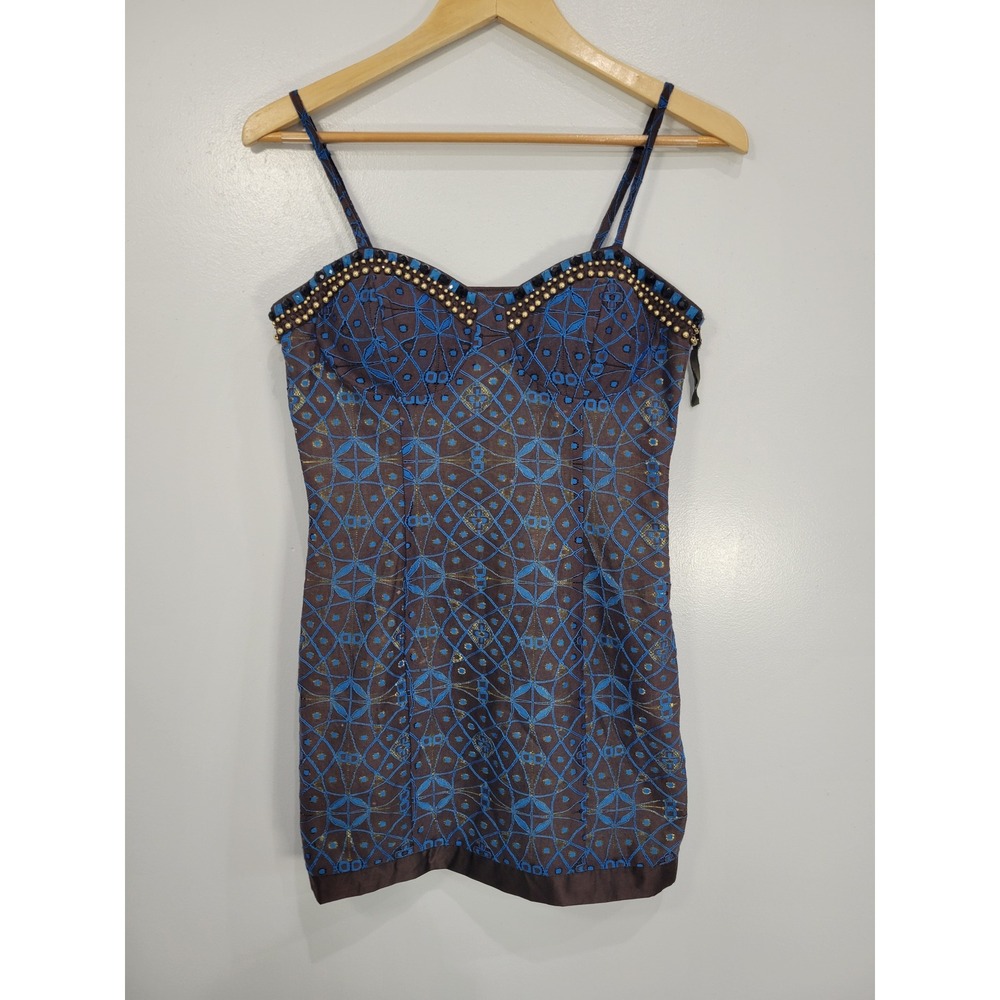 Forever 21 Twist Brown Turquoise Embroidered Beaded Mini Dress Womens‎ Medium
